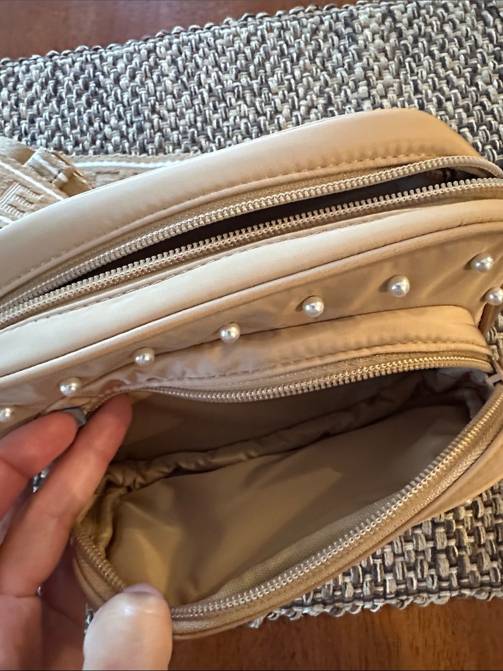 Pearl-Embellished Beige Crossbody Bag with Wide Logo Strap - Picture 4 of 4